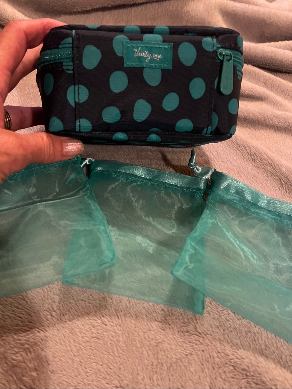 Thirty-One Black Aqua Dot Zipper Baubles & Bracelets Case, 3 Bags Included, NWOT